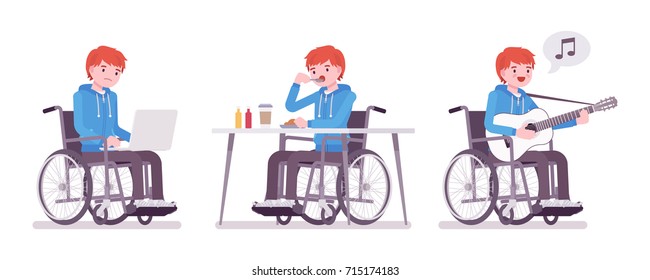 Disabled young man in wheelchair with laptop, eating, singing. Active life and fun. Disability and social policy concept. Vector flat style cartoon illustration, isolated, white background