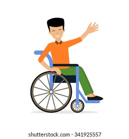 Disabled young man in wheelchair smiling and waving his hand. Flat vector character in isolated background. Concept for lifestyle and adaptation for people with disability.