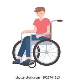 disabled young man in wheelchair vector cartoon illustration isolated