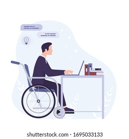 Disabled Young Man In Wheelchair Working In Office. Happy Man With Physical Disability Integrated In Society. Ableism Concept. Disability Banner Or Poster. Isolated Vector Illustration