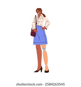 Disabled young woman with prosthetic leg, isolated employee in company or organization. Vector flat cartoon character, female personage wearing business suit, worker or staff, manager or leader