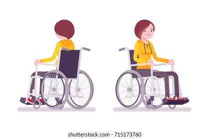 Disabled young woman in wheelchair. Daily ignorance, problems, spinal cord injuries. Physical disability, society. Vector flat style cartoon illustration, isolated, white background. Front, rear view