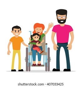 Disabled young woman in wheelchair with her son, daughter and husband. Cartoon vector characters. Isolated background. Concept for happy family,  lifestyle and opportunities for people with disability