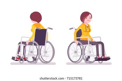 Disabled young woman in wheelchair riding. Daily problems and challenges. Physical disability and society. Vector flat style cartoon illustration, isolated, white background. Front, rear view