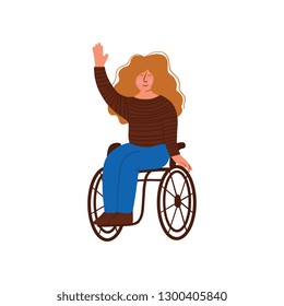Disabled Young Woman in Wheelchair Smiling and Holding Up Her Hand Vector Illustration
