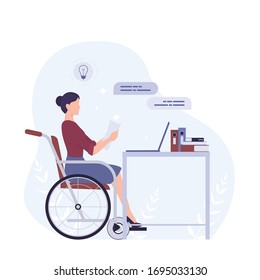 Disabled young woman in wheelchair working in office. Happy woman with physical disability integrated in society. Ableism concept. Disability banner or poster. Isolated vector illustration