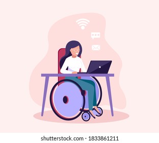 Disabled young woman in wheelchair working with computer online. Physical disability and society.
