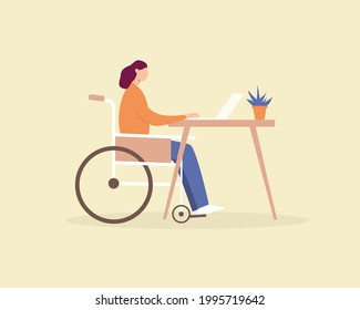 Disabled young woman in a wheelchair working at a computer in home office. Disabled person employment, remote work, inclusive office concept. Vector illustration cartoon flat style.