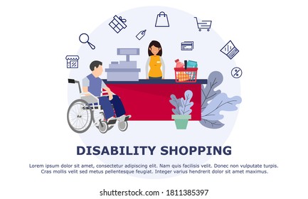 disablity using wheelchairs going shopping. with cart and cashier. element flat design for web or social media template post banner