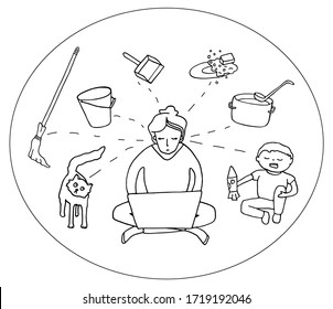 Disadvantage of work from home. Woman with laptop surrounded by child, cat, household duties. Hand drawn doodle vector illustration. Mother working home. Freelance, quarantine concept