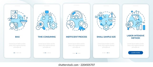 Disadvantages of case study blue onboarding mobile app screen. Issues walkthrough 5 steps editable graphic instructions with linear concepts. UI, UX, GUI template. Myriad Pro-Bold, Regular fonts used