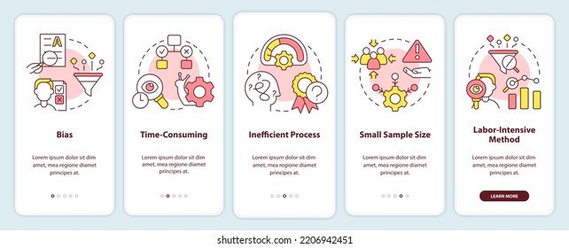 Disadvantages of case study onboarding mobile app screen. Issues walkthrough 5 steps editable graphic instructions with linear concepts. UI, UX, GUI template. Myriad Pro-Bold, Regular fonts used