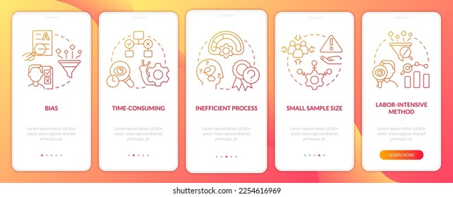 Disadvantages of case study red gradient onboarding mobile app screen. Issues walkthrough 5 steps graphic instructions with linear concepts. UI, UX, GUI template. Myriad Pro-Bold, Regular fonts used