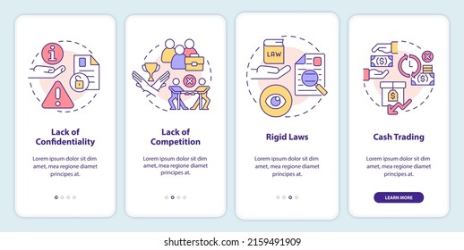 Disadvantages of co-ops onboarding mobile app screen. Business issues walkthrough 4 steps graphic instructions pages with linear concepts. UI, UX, GUI template. Myriad Pro-Bold, Regular fonts used