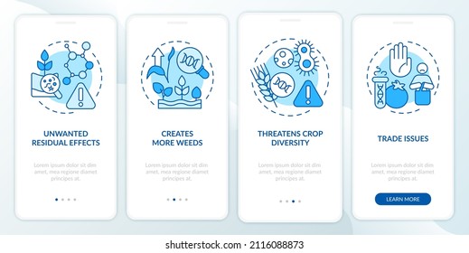Disadvantages of gmo blue onboarding mobile app screen. Food issues walkthrough 4 steps graphic instructions pages with linear concepts. UI, UX, GUI template. Myriad Pro-Bold, Regular fonts used