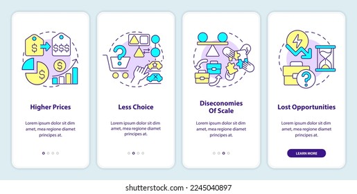 Disadvantages of mergers onboarding mobile app screen. Higher prices walkthrough 4 steps editable graphic instructions with linear concepts. UI, UX, GUI template. Myriad Pro-Bold, Regular fonts used