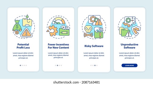 Disadvantages of online piracy onboarding mobile app page screen. Risky software walkthrough 4 steps graphic instructions with concepts. UI, UX, GUI vector template with linear color illustrations