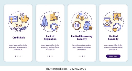 Disadvantages P2P loans onboarding mobile app screen. Lending risks walkthrough 4 steps editable graphic instructions with linear concepts. UI, UX, GUI template. Myriad Pro-Bold, Regular fonts used
