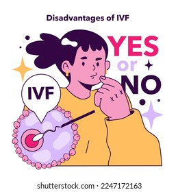 Desventajas de la fertilización in vitro. Tecnología moderna para el tratamiento de la infertilidad. Conos del procedimiento de embarazo artificial. Ilustración vectorial plana