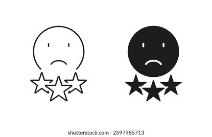 Disagree Sign. Dislike Emoji Symbol In Experience Survey Service. Negative Review Line and Silhouette Icon Set. Sad Emoticon, Bad Feedback Pictogram. Editable Stroke. Isolated Vector Illustration.