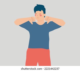 Disagree young man showing negative review or emotions with a thumb down gestures. Concept of thumbs down, crossed arms, stop palms. Vector illustration