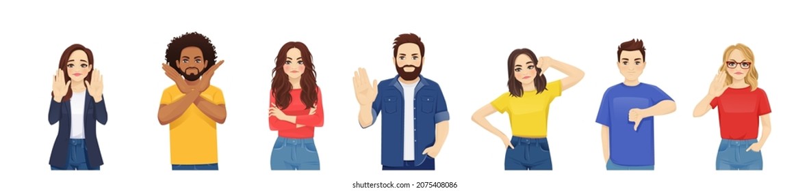 Disagree Young People Showing Negative Emotions With Different Gestures Set. Crossed Arms, Stop Palms, Thumbs Down Vector Illustration Isolated On White Background