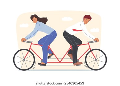 Disagreement among business partners who drive same bicycle and steer in different directions. Business conflict and disagreement negatively affect team productivity and efficiency