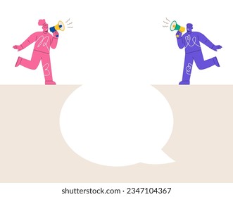 Disagreement concept, men and women show opposite directions. Colorful vector illustration
