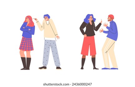 Concepto de desacuerdo. Conjunto de ilustración vectorial de hombres y mujeres en ropa casual, mostrando gestos de discusión y conflicto con expresiones molestas.