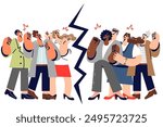 Disagreement in society with different groups of people standing on opposite sides of divide and quarreling over politics. Social and public problems cause discord and conflict in society