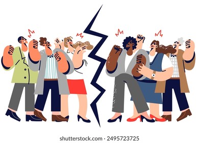 Disagreement in society with different groups of people standing on opposite sides of divide and quarreling over politics. Social and public problems cause discord and conflict in society