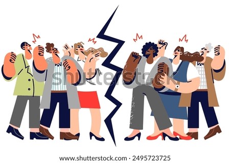 Disagreement in society with different groups of people standing on opposite sides of divide and quarreling over politics. Social and public problems cause discord and conflict in society