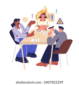 Disagreement in teamwork concept. Office worker team meeting, discusses misunderstandings. Employee hides angry emotions on work negotiation. Flat isolated vector illustration on white background