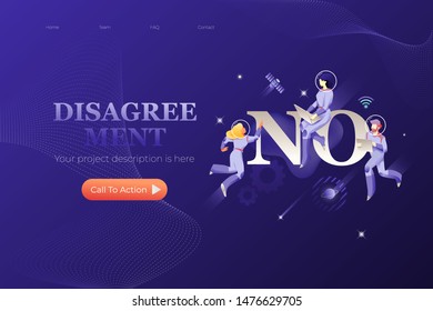 Disagreement web page template. NO word and three astronauts. Vector metaphor of negative business response, dissension or strike.