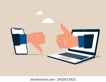 Disagreements in the process of work. Thumbs up and thumbs down. Flat vector illustration