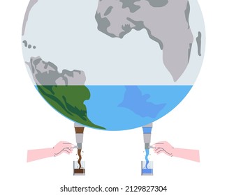 Verschwinden der Wasser- und Ölvorkommen des Planeten. Verringerung des Verbrauchs von Trinkwasser und natürlichen Ressourcen Depletion des Planeten. Flache Vektorgrafik. EPS10