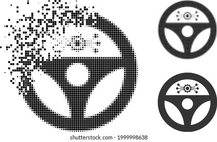 Disappearing dot autopilot pictogram with halftone version. Vector destruction effect for autopilot pictogram. Pixel integration effect for autopilot reproduces speed of virtual items.