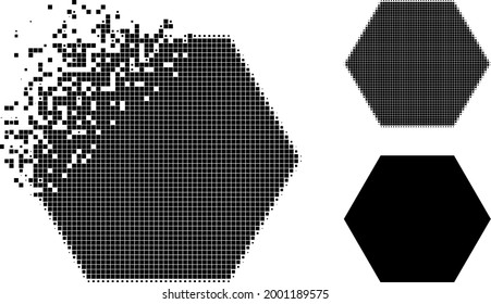 Disappearing dot hexagon icon with halftone version. Vector destruction effect for hexagon icon. Pixel defragmentation effect for hexagon demonstrates movement of virtual items.