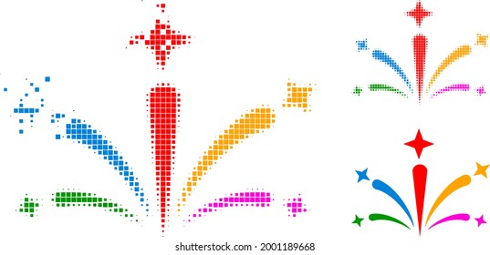 Disappearing dot salute fireworks pictogram with halftone version. Vector destruction effect for salute fireworks pictogram.