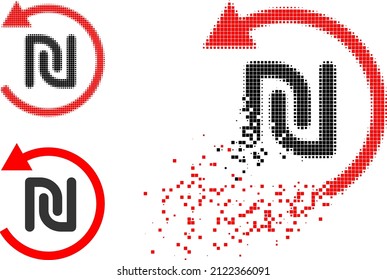 Disappearing dot shekel refund icon with halftone version. Vector wind effect for shekel refund icon. Pixelated dissipation effect for shekel refund shows movement of cyberspace abstractions.