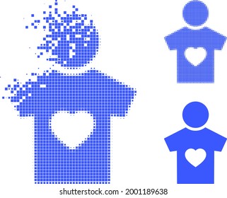 Disappearing dotted boyfriend pictogram with halftone version. Vector wind effect for boyfriend pictogram. Pixel disappearing effect for boyfriend reproduces motion of virtual world.