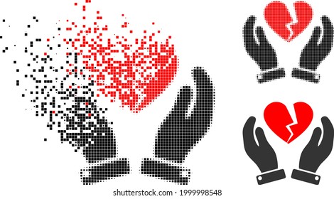 Disappearing dotted broken heart care hands icon with halftone version. Vector wind effect for broken heart care hands icon.