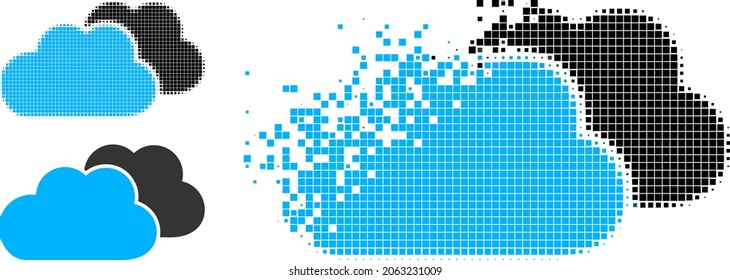 Verschwinden gepunkteter Wolken Symbol mit halftone Version. Vektorwindeffekt für das Piktogramm der Wolken. Pixel Integration Effekt für Wolken zeigt Geschwindigkeit von virtuellen Konzepten.