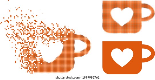 Disappearing dotted lovely cup icon with halftone version. Vector destruction effect for lovely cup icon. Pixel disintegrating effect for lovely cup demonstrates movement of virtual items.