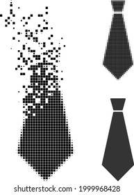 Disappearing Dotted Male Tie Icon With Halftone Version. Vector Wind Effect For Male Tie Icon. Pixel Dissipation Effect For Male Tie Demonstrates Movement Of Virtual World.