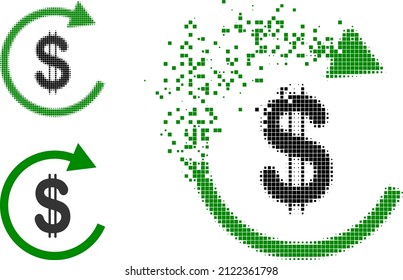 Disappearing dotted USD repay icon with halftone version. Vector destruction effect for USD repay icon. Pixel dematerialization process for USD repay gives motion of cyberspace world.