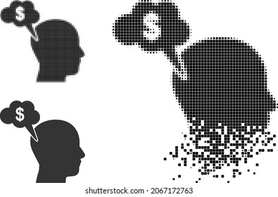 Disappearing pixelated banking thinking glyph with halftone version. Vector wind effect for banking thinking icon. Pixelated erosion effect for banking thinking demonstrates speed of virtual world.