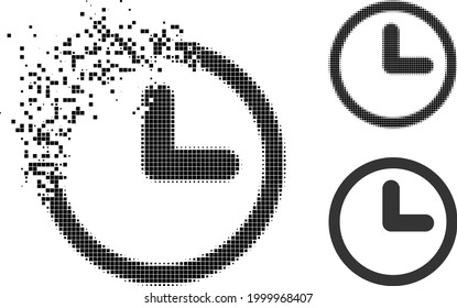 Icono de reloj pixelado con versión de semitono. Efecto de destrucción de vectores para el símbolo de reloj. El efecto de polvo pixelado para el reloj muestra el movimiento de las cosas virtuales.
