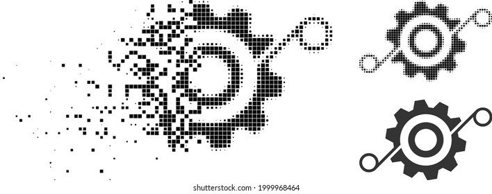Icono de solución de cog pixelado con versión de semitono. Efecto de viento vectorial para pictograma de solución de cog. El efecto de desintegración pixelado para la solución de cog muestra la velocidad de las cosas del ciberespacio.