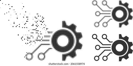 Disappearing pixelated gear circuit glyph with halftone version. Vector wind effect for gear circuit pictogram. Pixelated erosion process for gear circuit gives speed of cyberspace abstractions.